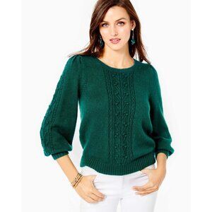 Lilly Pulitzer Green Cable Knit Puff Sleeve Sweater M Acrylic/Nylon/Wool Blend